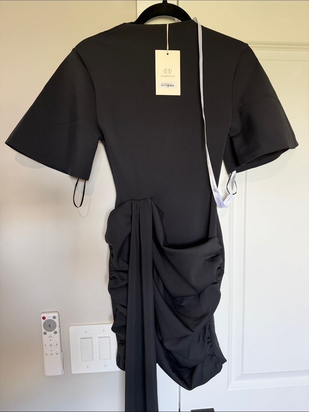 AREA Black Draped Midi Dress with Short Sleeves